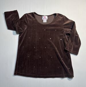 Quacker Factory Brown Velour Top Womens Medium 3/4 Sleeve Studded Blouse Cute
